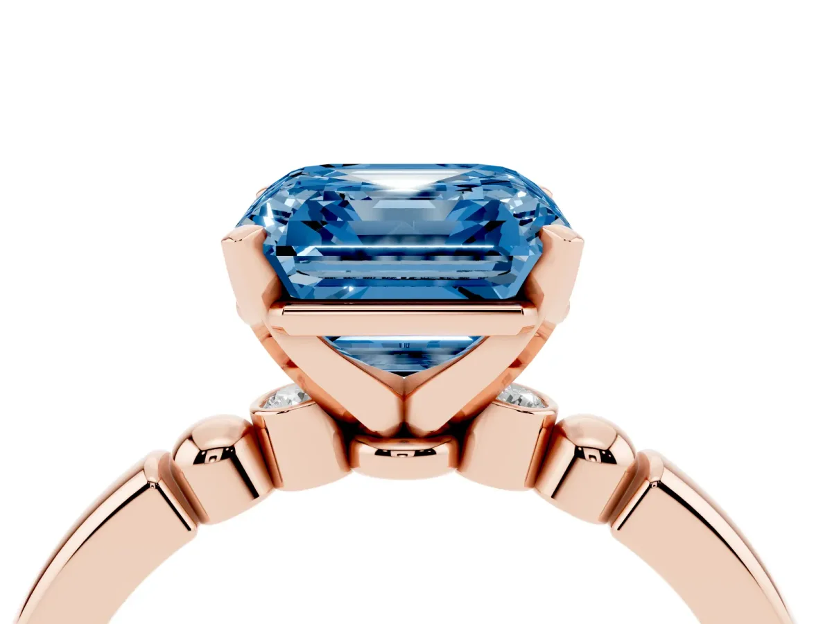 Fancy Blue Asscher Cut Solitaire Beaded Band with Four-Prong Setting Rose gold