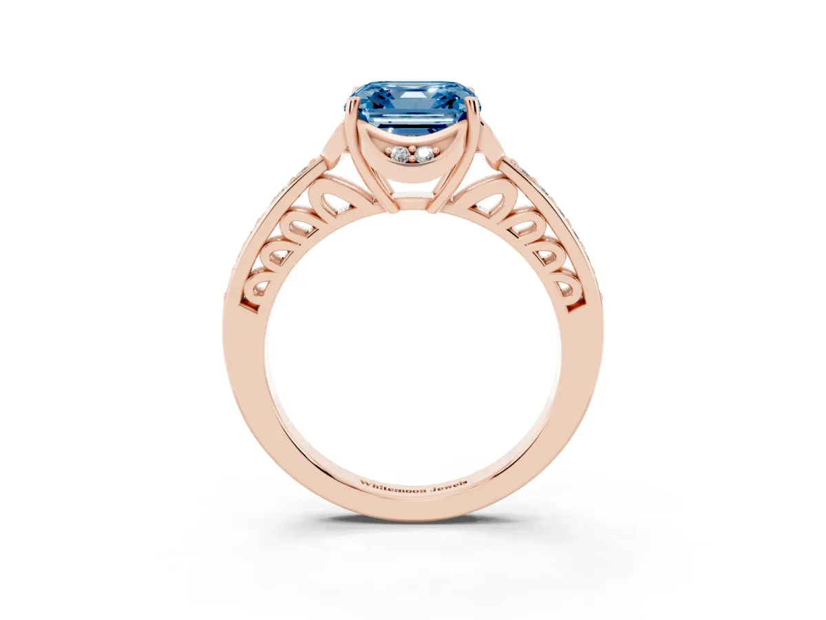 Fancy Blue Asscher Cut Cut Halo Diamond Ring with Channel Set Band and Four-Prong Setting Rose gold