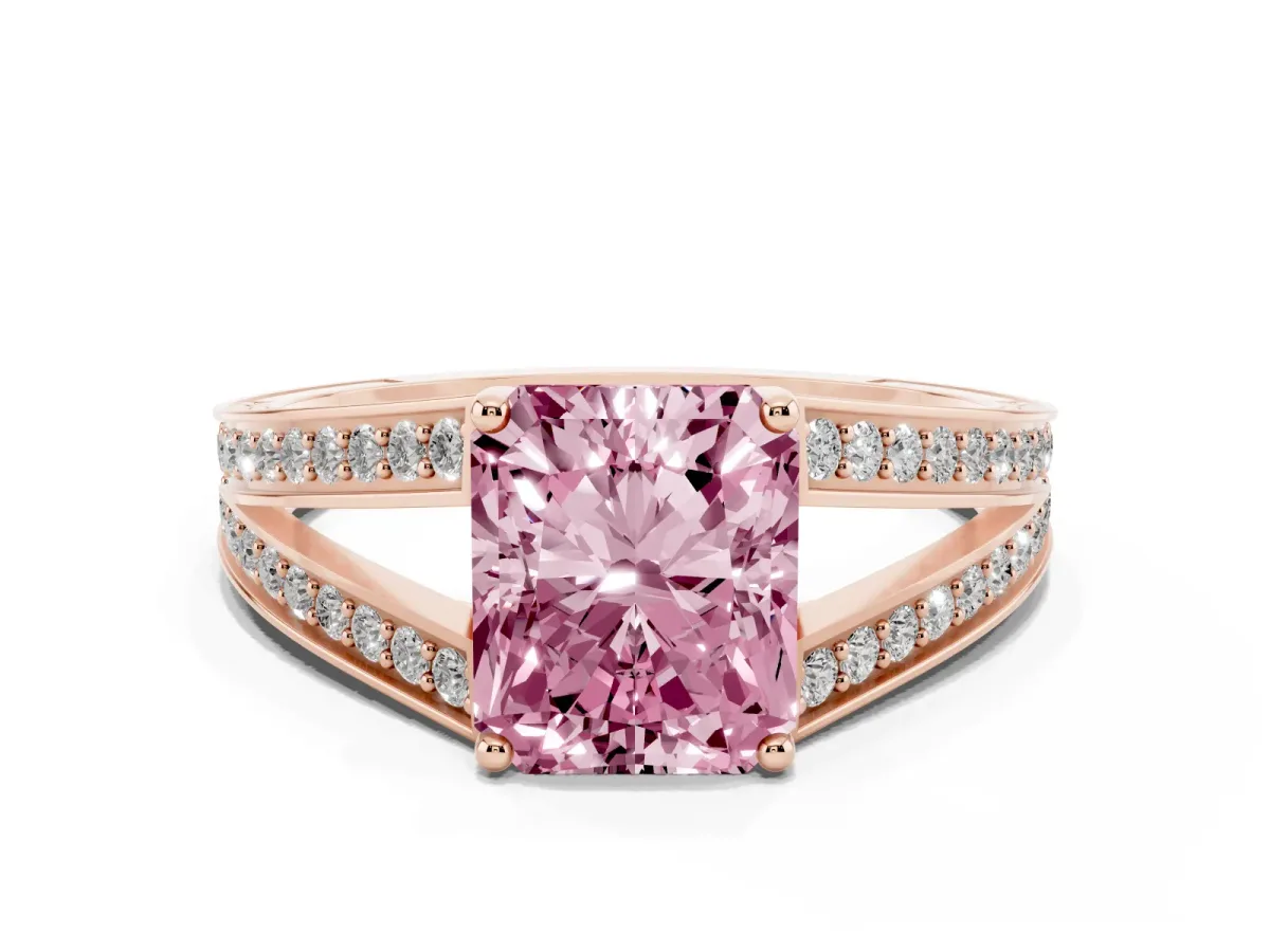 Fancy Pink Radiant Cut Diamond Split Shank Ring with Pavé Band and Four-Prong Setting Rose gold