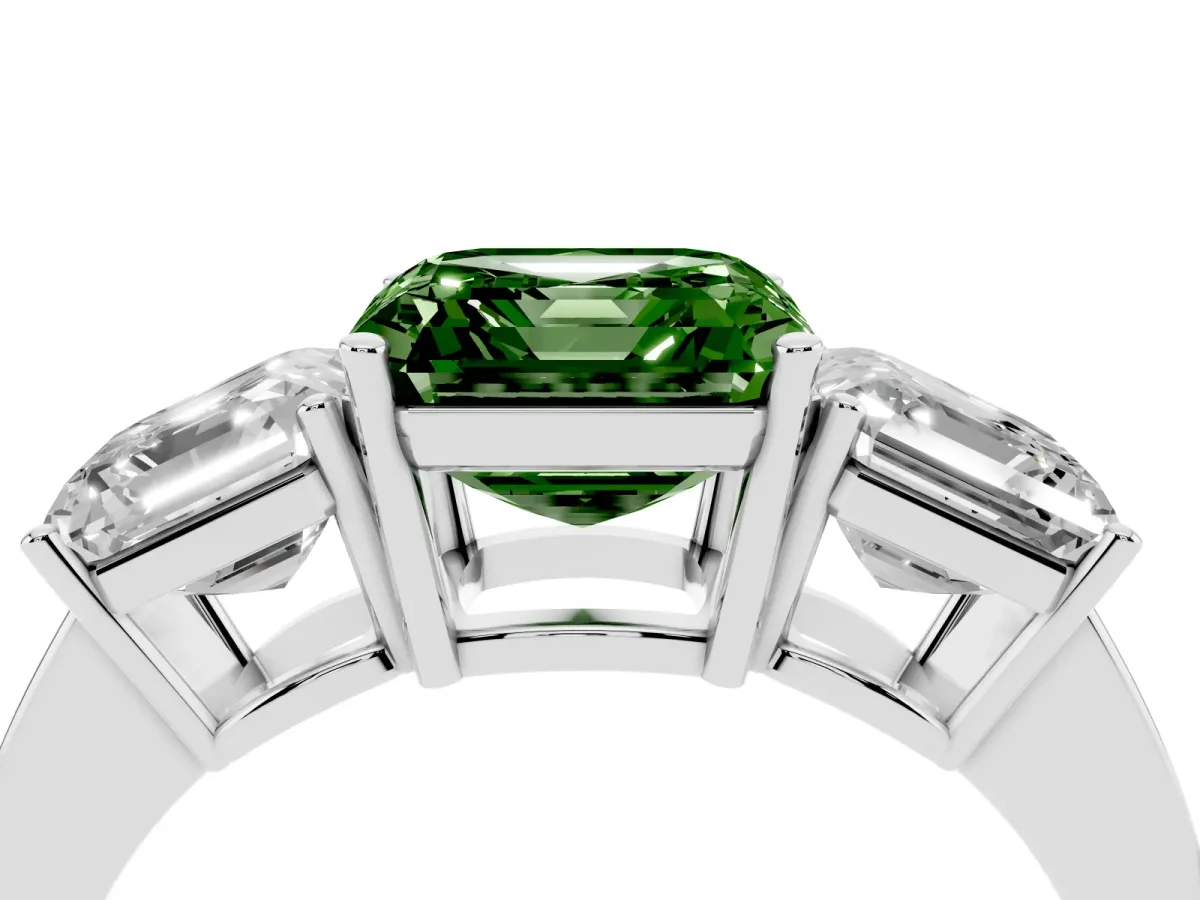 Fancy Green Three-Stone Asscher Cut Cut Diamond Engagement Ring with Flat Band and Four-Prong Setting Silver