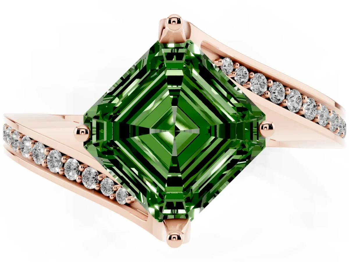 Fancy Green Asscher Cut Solitaire Diamond Twist Band with Pavé Setting and Four-Prong Setting Rose gold