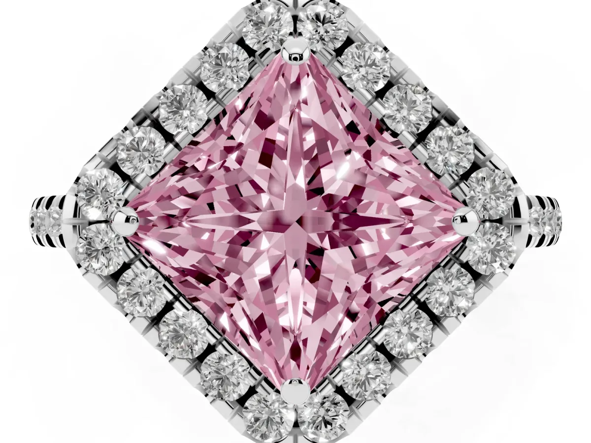 Fancy Pink Princess Cut Diamond Cushion Halo Ring with Pavé Band White gold