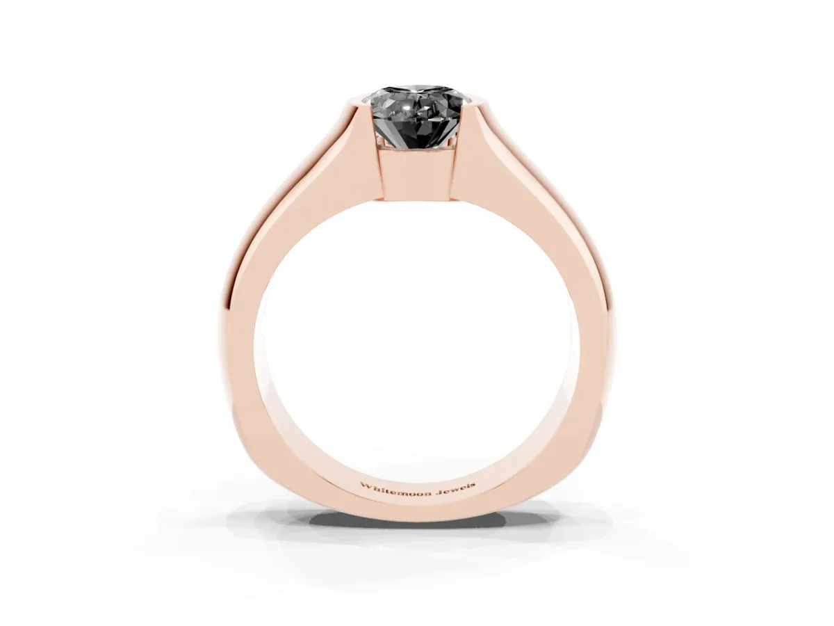 Fancy Black Oval Cut Solitaire Bezel Set Diamond Ring with Wide Band Rose gold