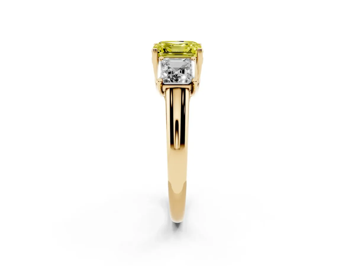 Fancy Yellow Three-Stone Asscher Cut Diamond Engagement Ring with Prong Setting Yellow gold