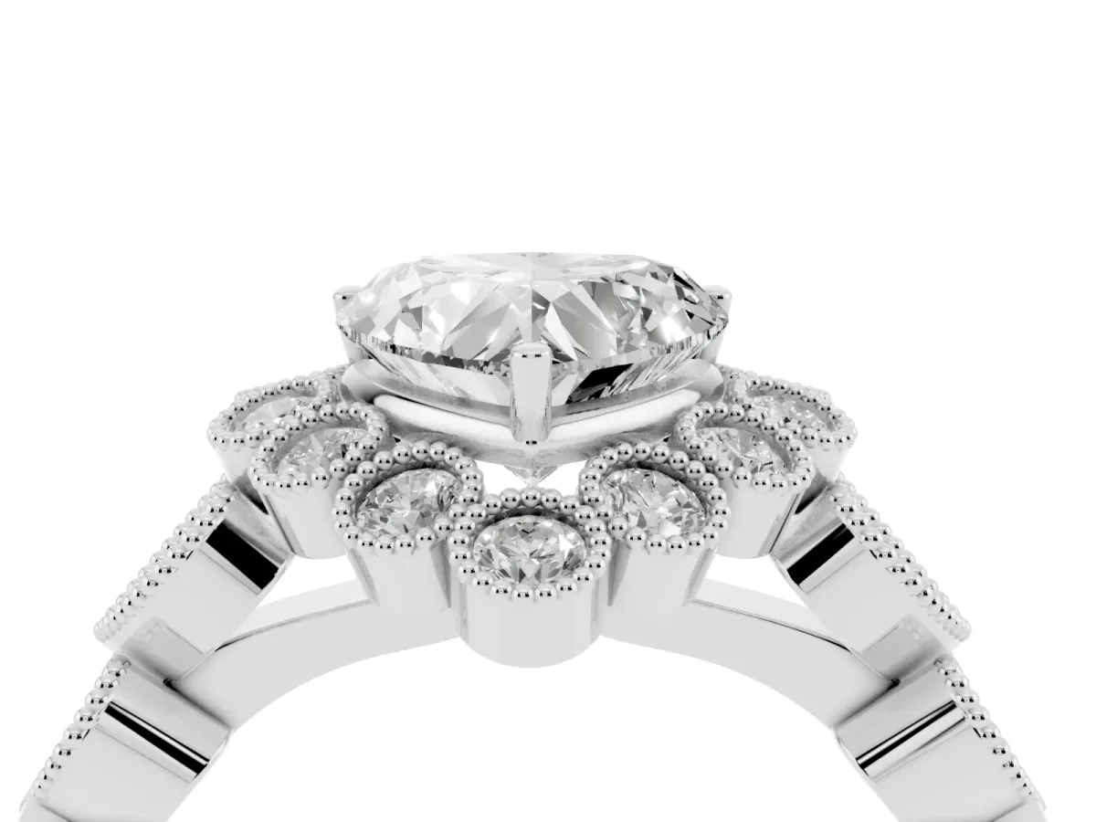 Heart Cut Brilliant Milgrain Pave Heart Band Solitaire Ring White gold