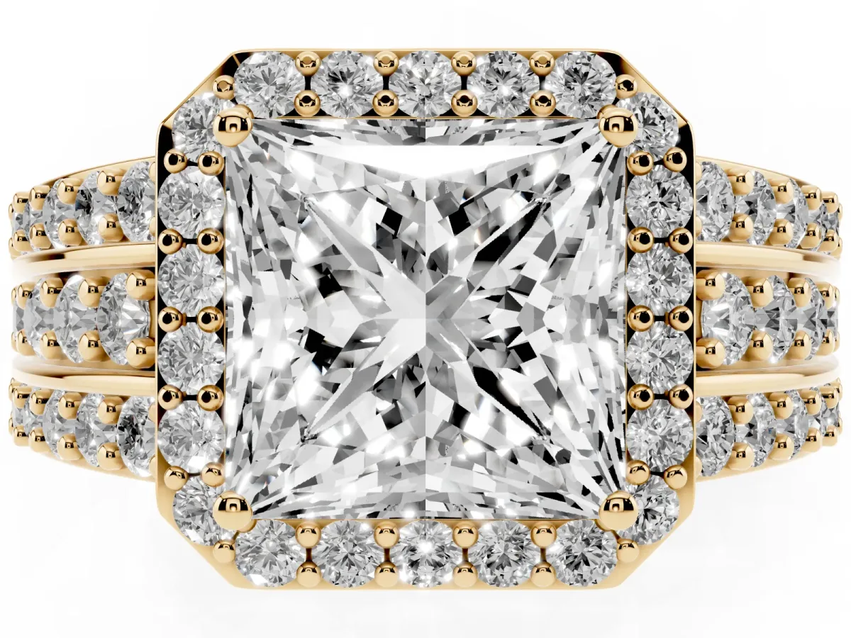 Princess Cut Halo Diamond Ring with Round Split Shank and Prong Setting Yellow gold