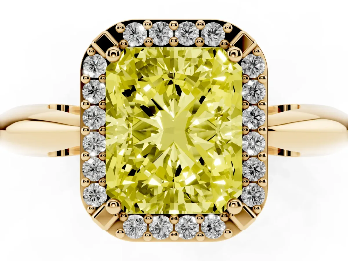 Fancy Yellow Radiant Cut Cut Diamond Halo Engagement Ring with Split Shank and Four-Prong Setting Yellow gold