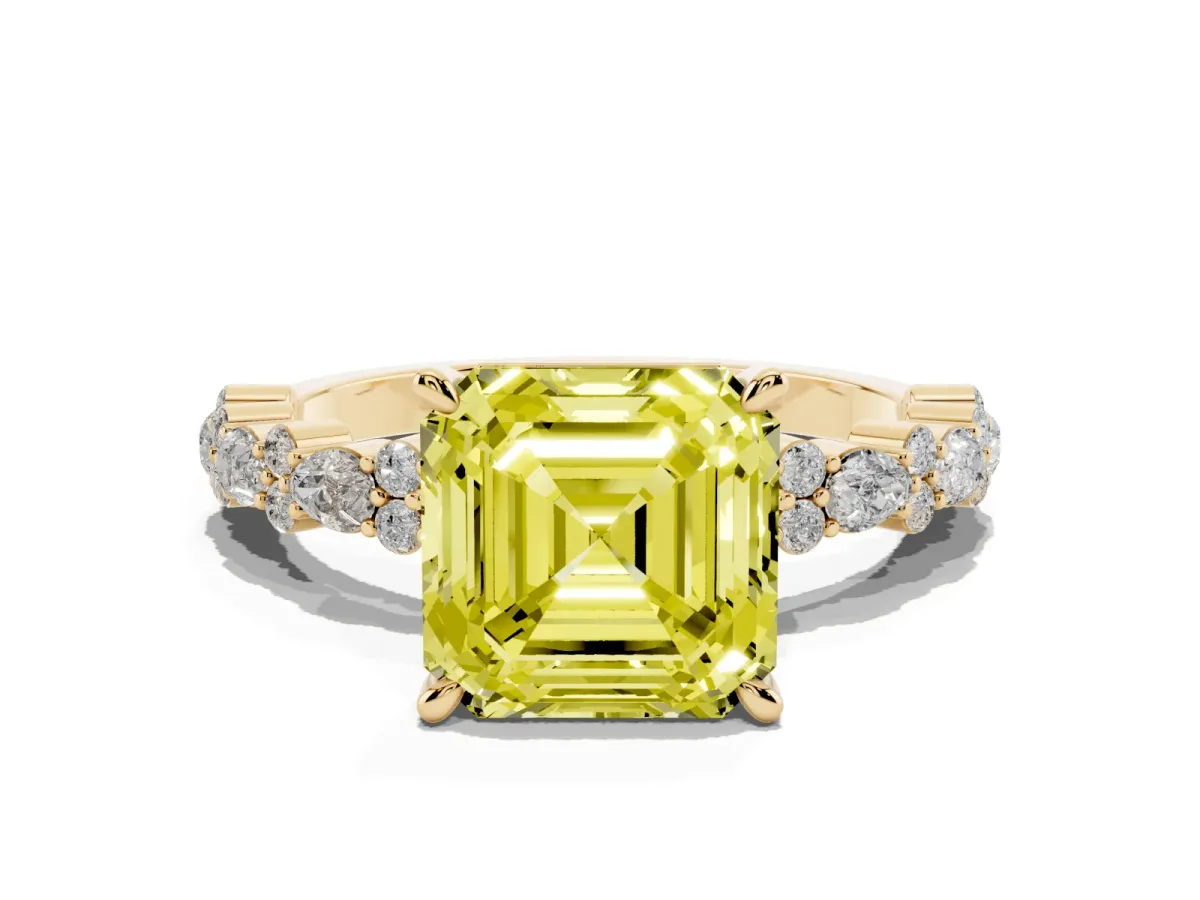 Fancy Yellow Asscher Cut Diamond Side Stone Solitaire Ring with Round and Four-Prong Setting Yellow gold