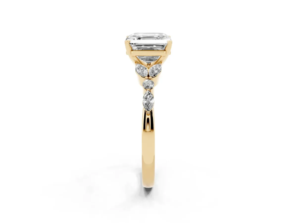 Asscher Cut Diamond Solitaire Ring with Side Stones and Four-Prong Setting Yellow gold