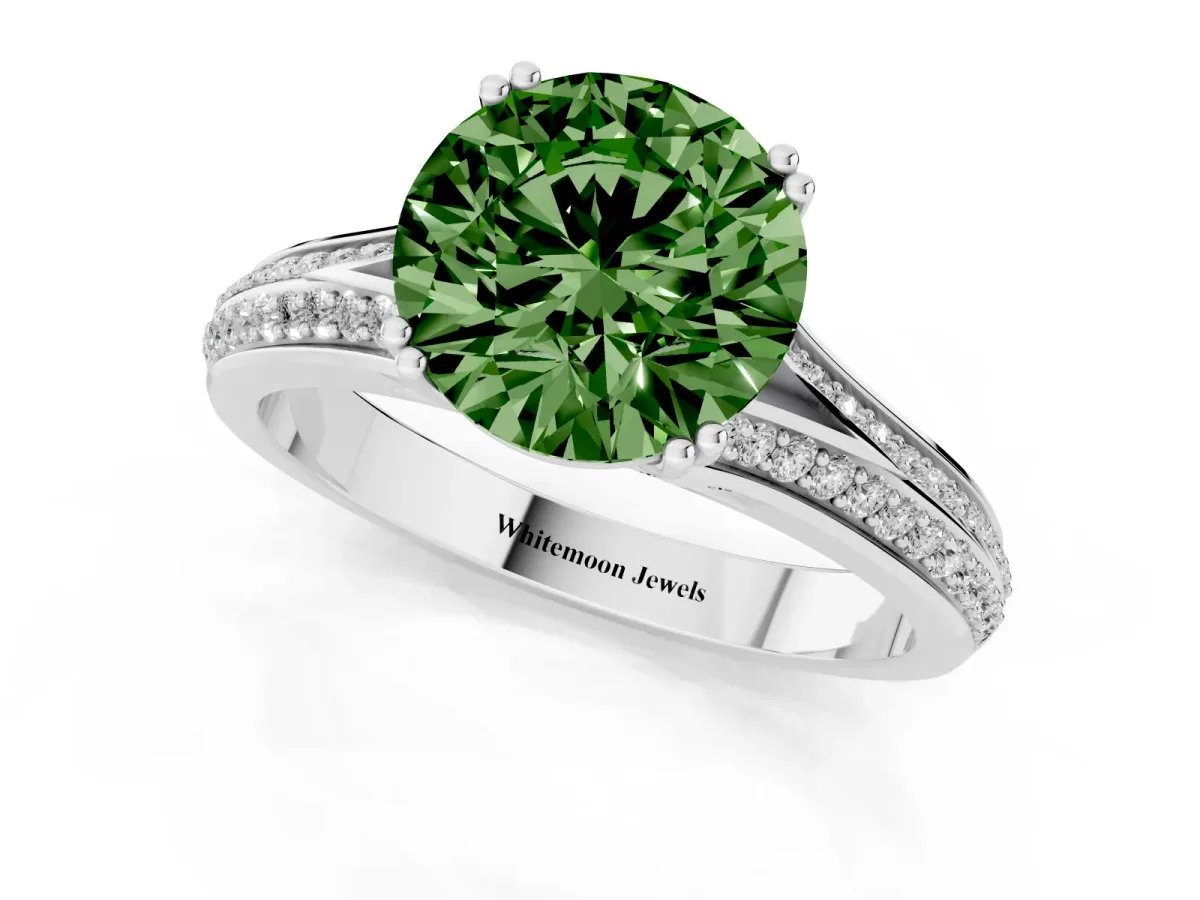 Fancy Green Round Cut Diamond Split Shank Engagement Ring with Pavé Band Platinum