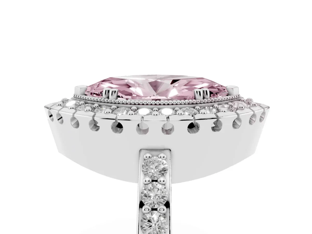 Fancy Pink Marquise Cut Diamond Halo Ring with Pavé Band and Prong Setting White gold