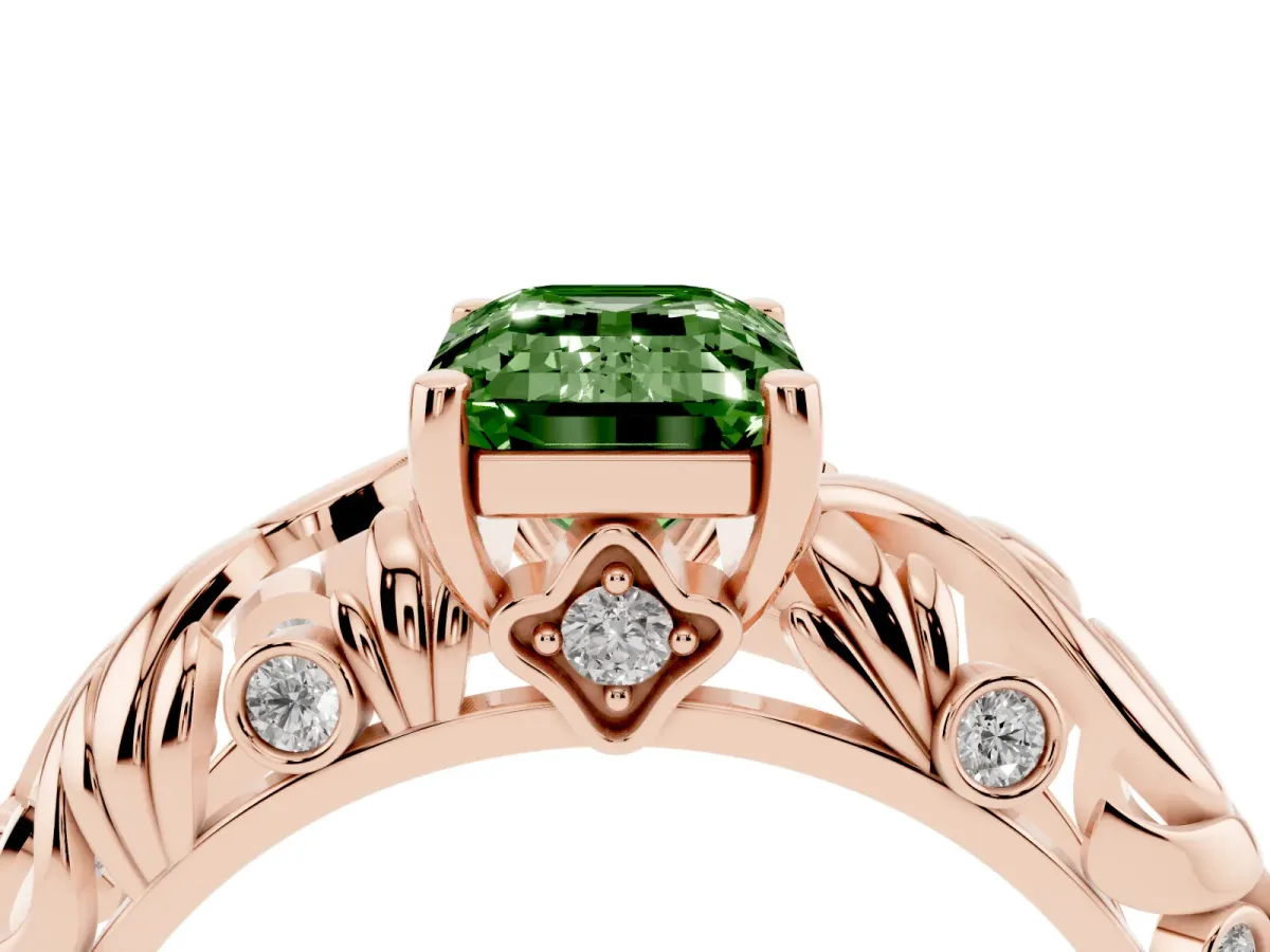 Fancy Green Emerald Cut Solitaire Diamond Leaf-Inspired Vine Band Ring with Prong Setting Rose gold