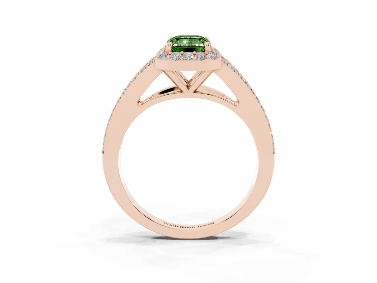 Fancy Green Emerald Cut Halo Split Shank Pave Diamond Ring with Four-Prong Setting Rose gold