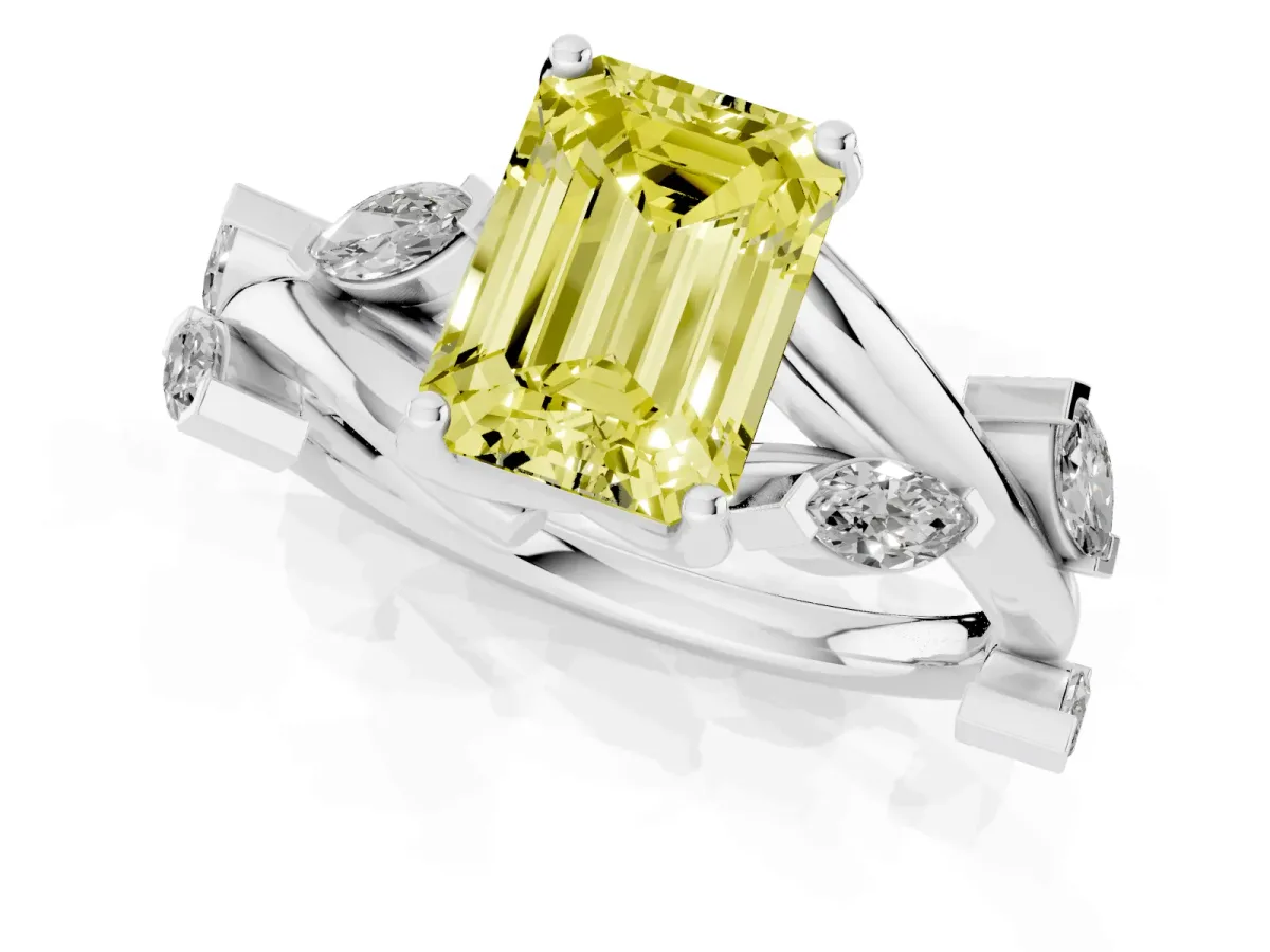 Fancy Yellow Emerald Cut Solitaire Twisted Band Marquise Accent Prong Setting Ring White gold