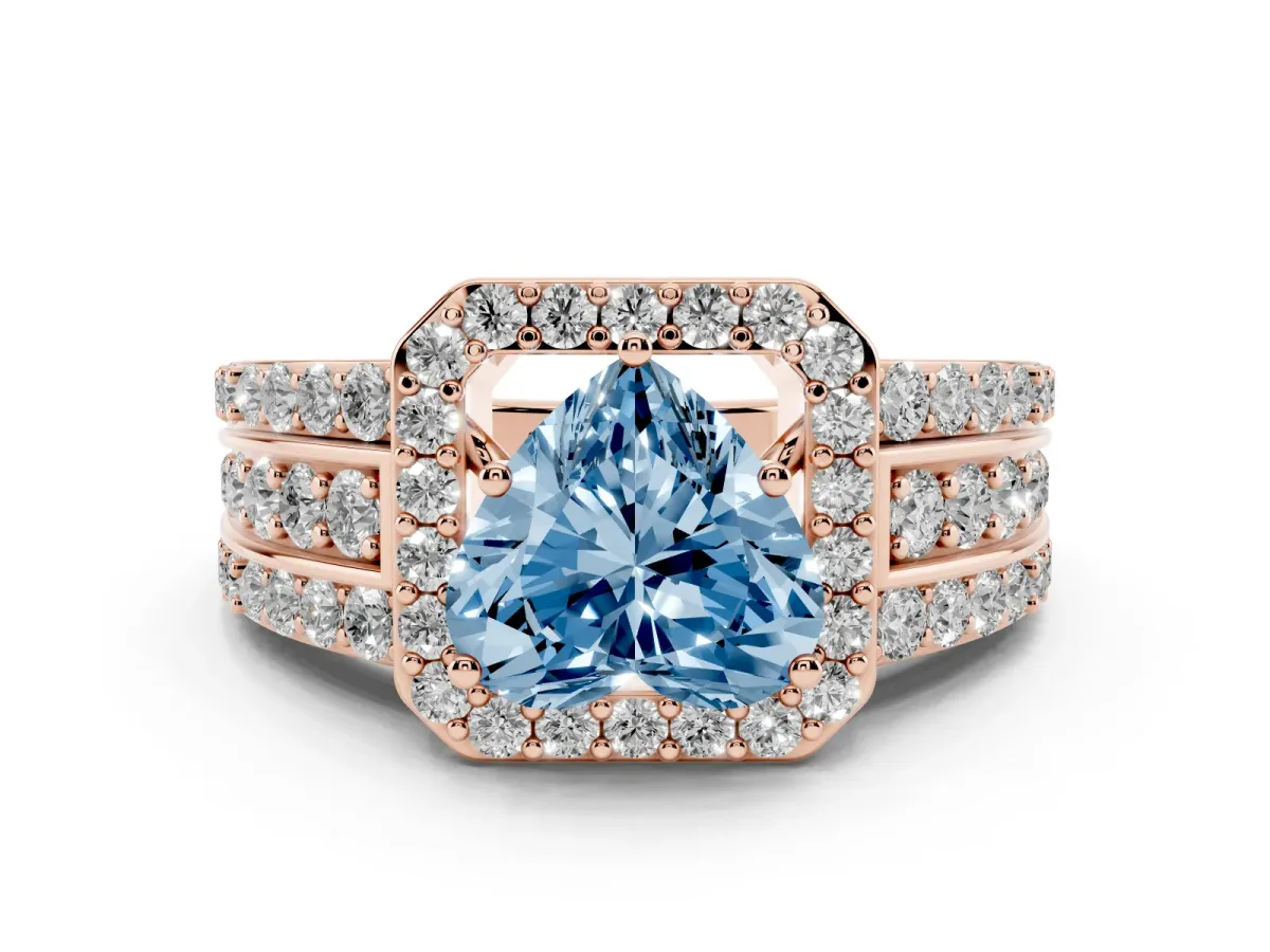 Fancy Blue Heart Cut Halo Diamond Ring with Round Split Shank and Prong Setting Rose gold