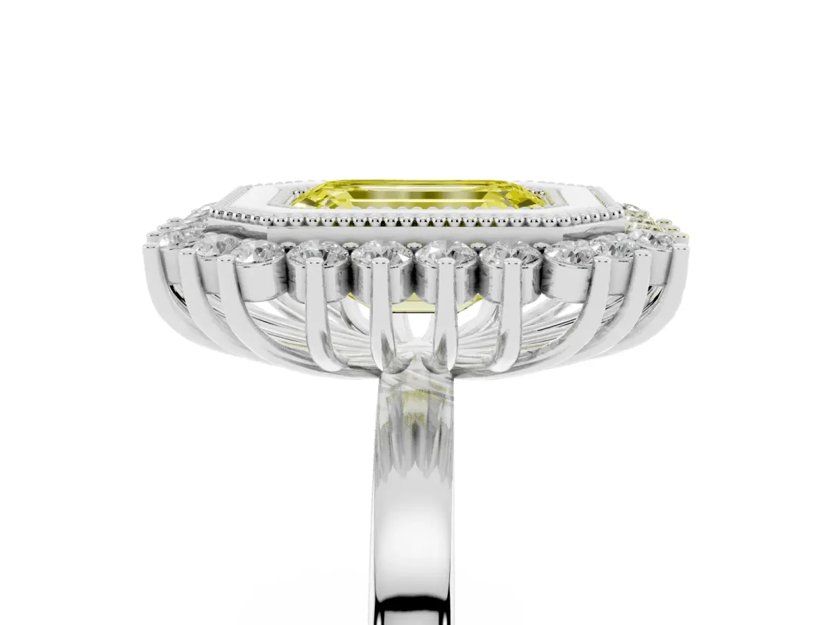 Fancy Yellow Emerald Cut Halo Diamond Ring with Milgrain Edge and Round Prong Setting Silver