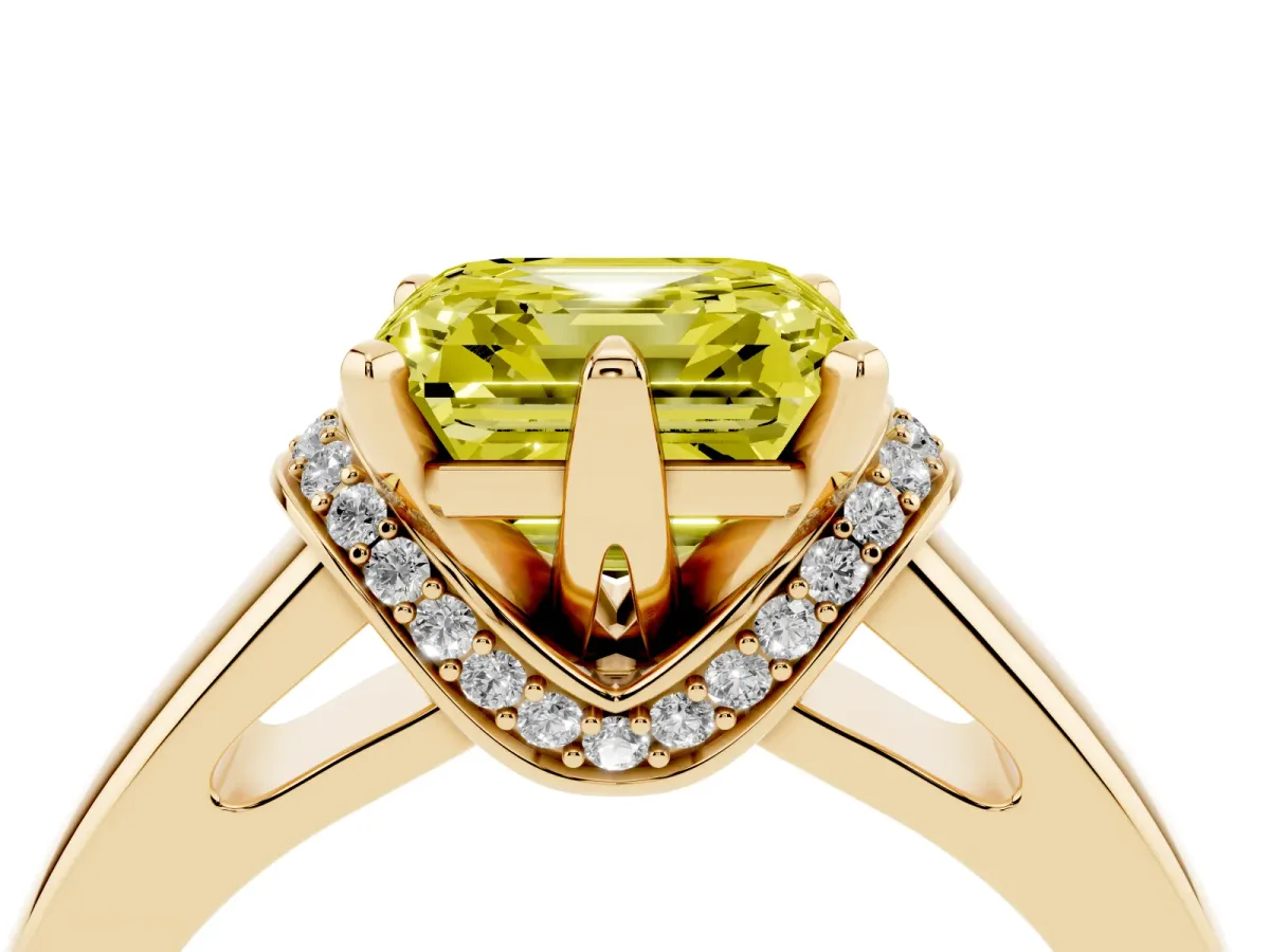 Fancy Yellow Asscher Cut Solitaire Diamond Ring with Pave Band and Six-Prong Setting Yellow gold