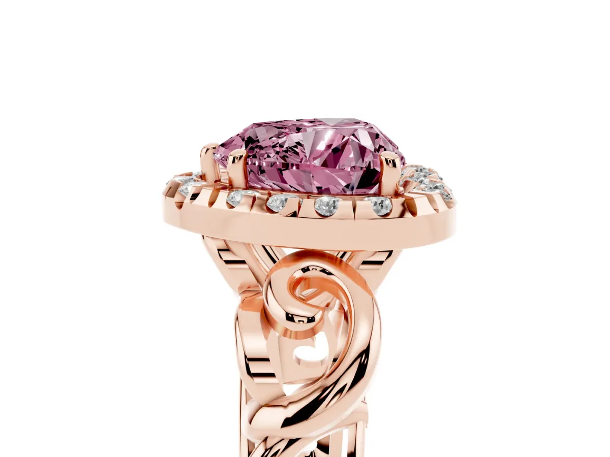 Fancy Pink Heart Cut Cut Halo Diamond Ring with Scrollwork Band and Four-Prong Setting Rose gold