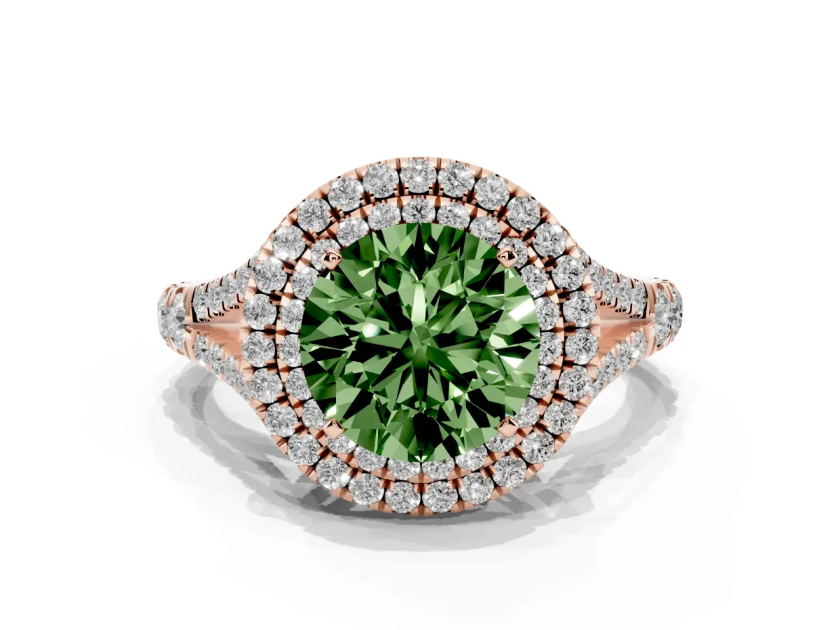 Fancy Green Double Halo Round Cut Diamond Split Shank Engagement Ring with Four-Prong Setting Rose gold