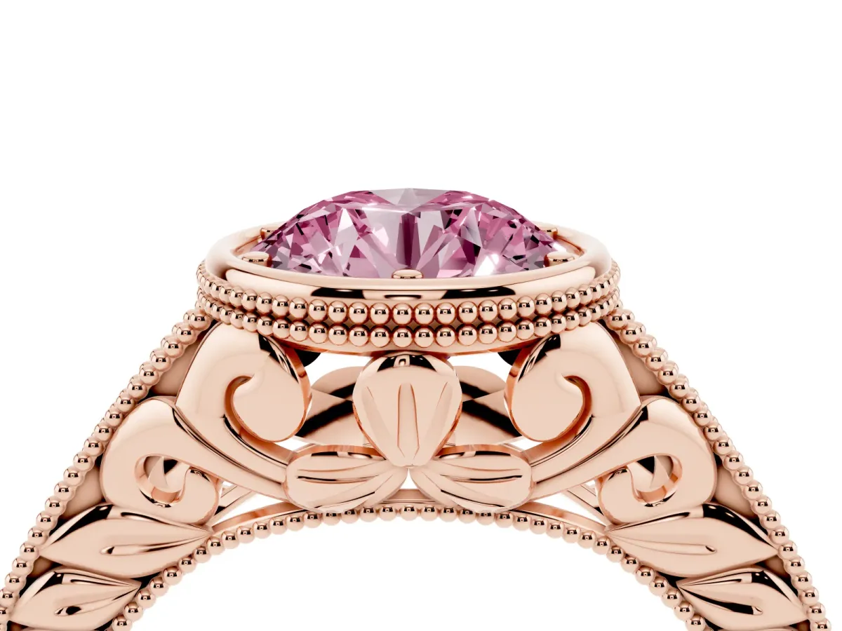 Fancy Pink Bezel Set Round Cut Diamond Milgrain Pave Engagement Ring Rose gold