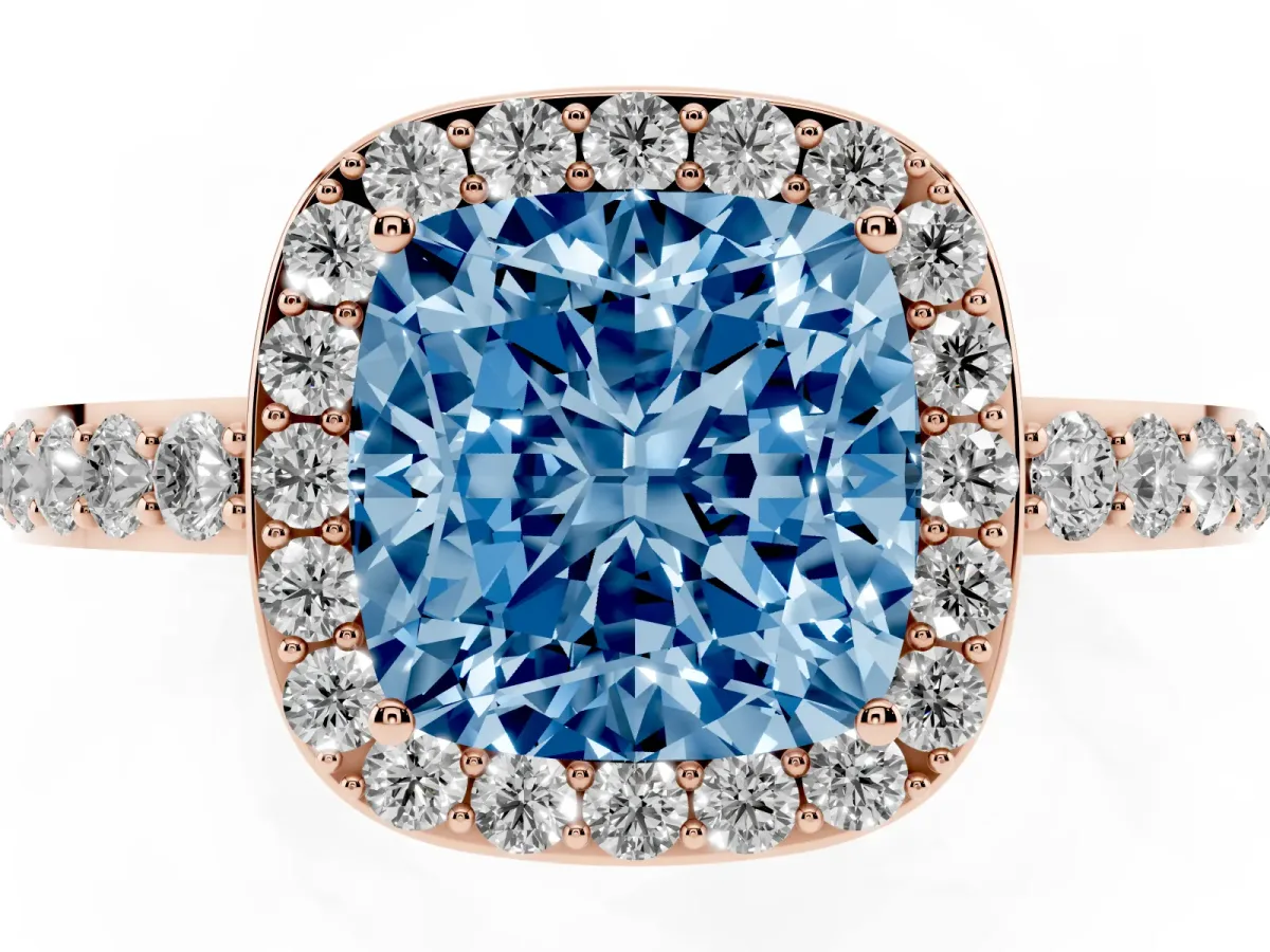 Fancy Blue Cushion Cut Halo Diamond Pavé Band Ring with Prong Setting Rose gold