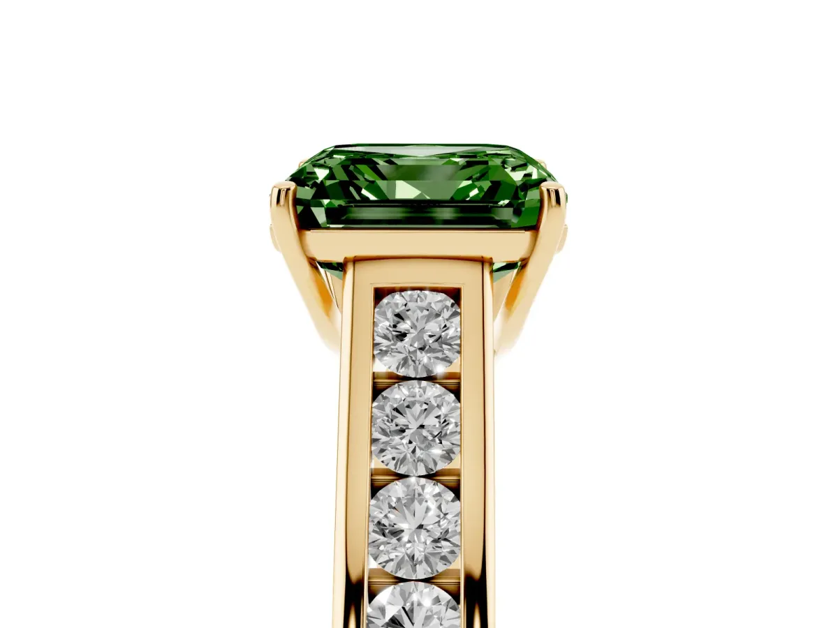 Fancy Green Asscher Cut Brilliant Channel-Set Solitaire Ring with Four-Prong Setting Yellow gold