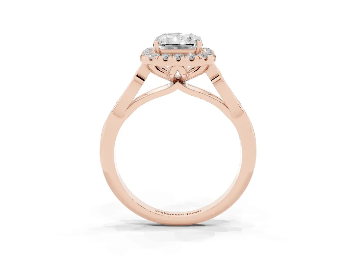 Radiant Cut Halo Diamond Engagement Ring with Filigree Band and Four-Prong Setting Rose gold