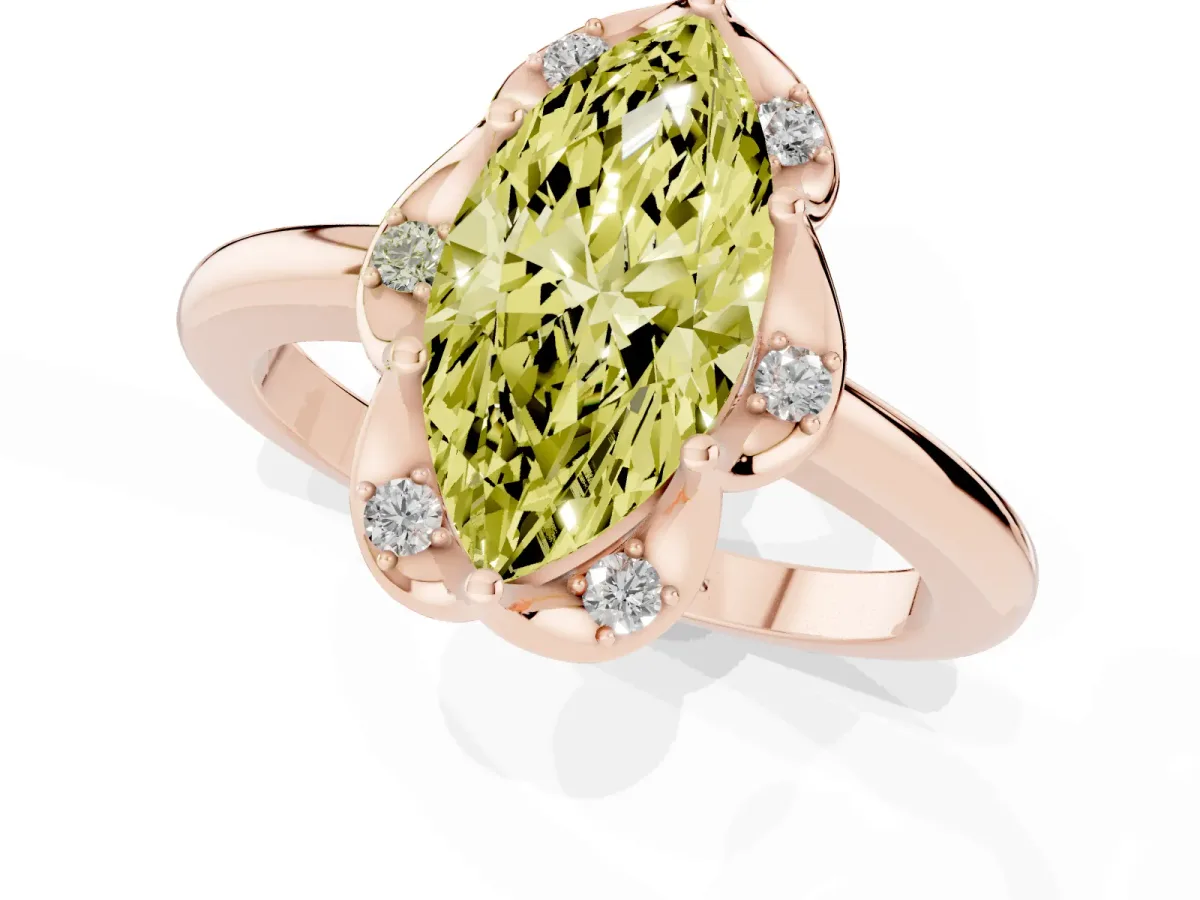 Fancy Yellow Marquise Cut Halo Diamond Ring with Round Cluster Setting, Solitaire Band, and Four-Prong Setting Rose gold