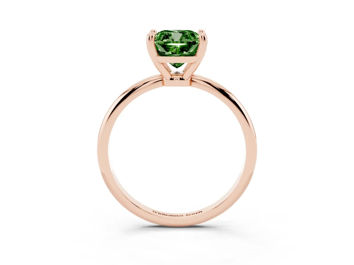 Fancy Green Cushion Cut Solitaire Diamond Ring with 4-Prong Setting on a Classic Band Rose gold