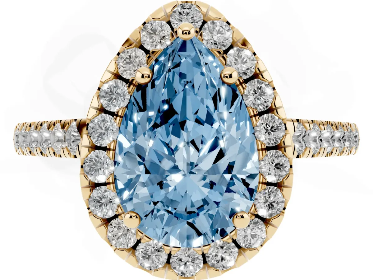 Fancy Blue Pear Cut Halo Pavé Diamond Engagement Ring with Four-Prong Setting Yellow gold