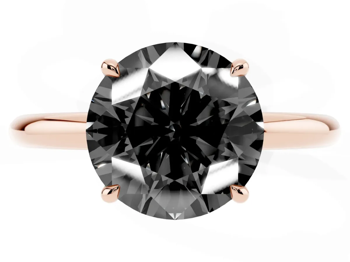 Fancy Black Round Cut Diamond Solitaire Ring with Thin Band and Four-Prong Setting Rose gold