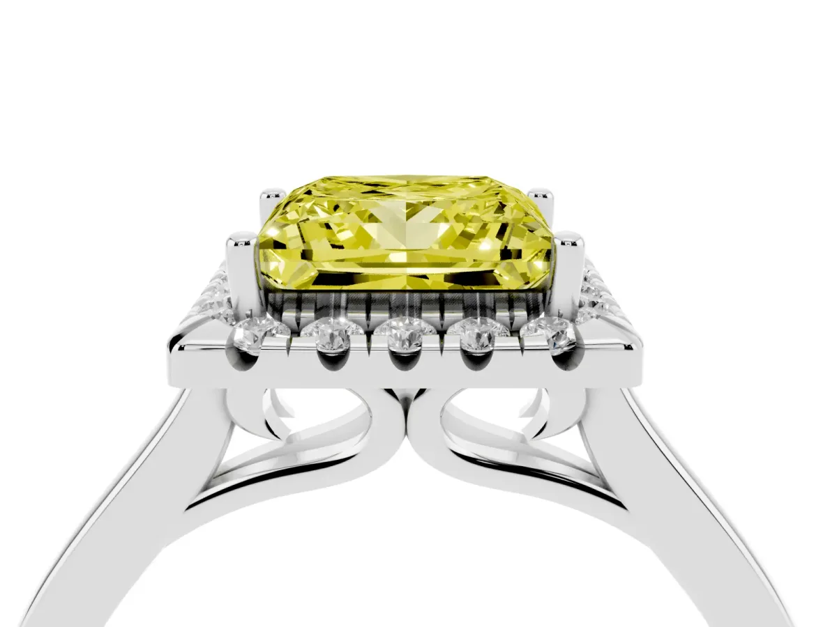 Fancy Yellow Princess Cut Halo Round Diamond Solitaire Ring with Pavé Band and Four-Prong Setting White gold