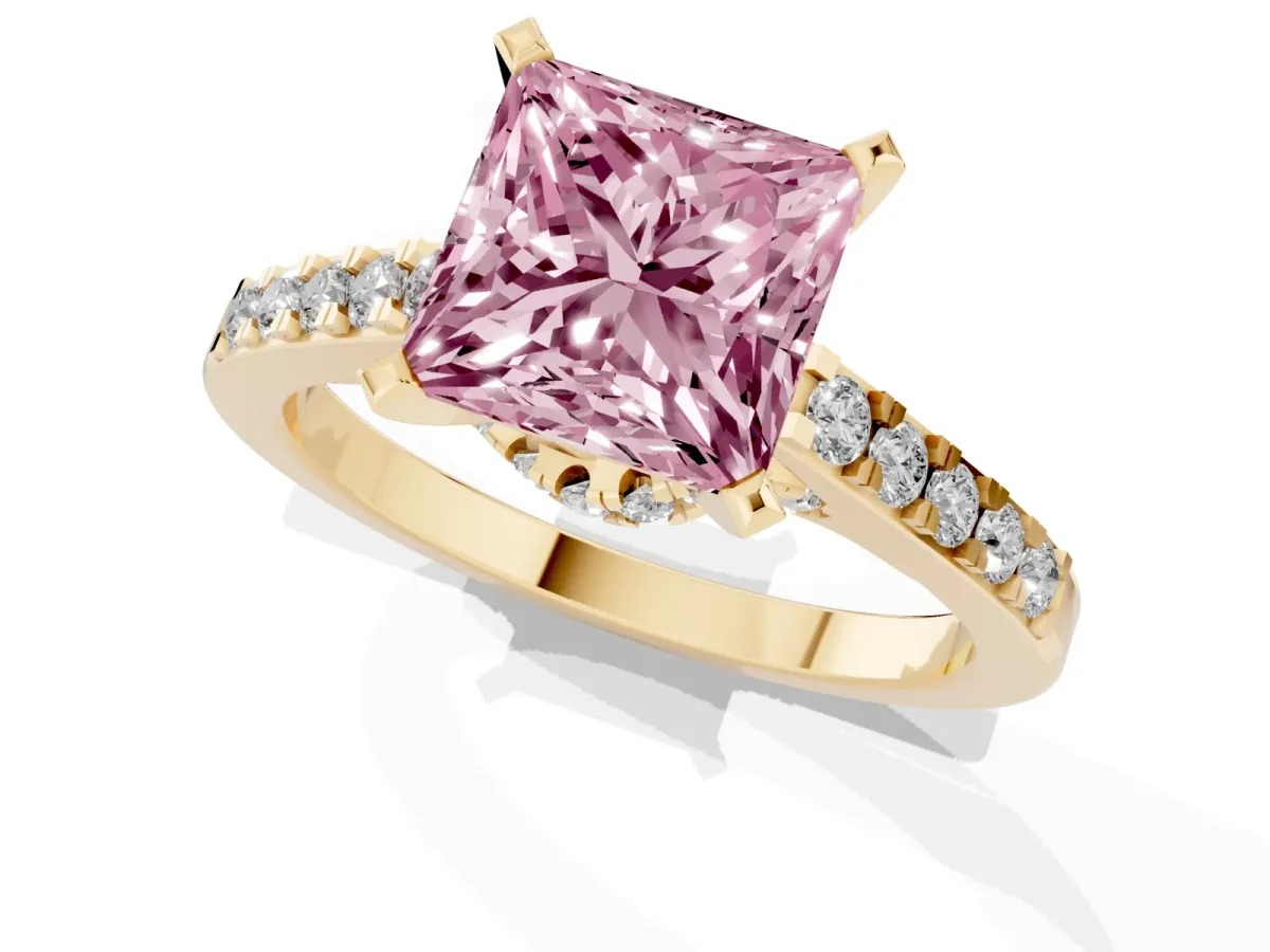 Fancy Pink Princess Cut Diamond Solitaire Ring with Crossover Gallery and Round Pavé Band Yellow gold