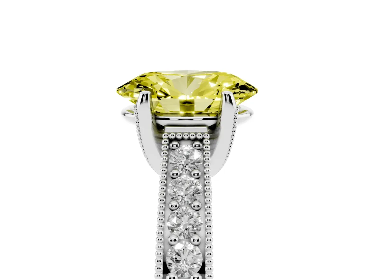 Fancy Yellow Oval Cut Cut Diamond Solitaire Ring with Milgrain Pave Band and Four Prong Setting Silver