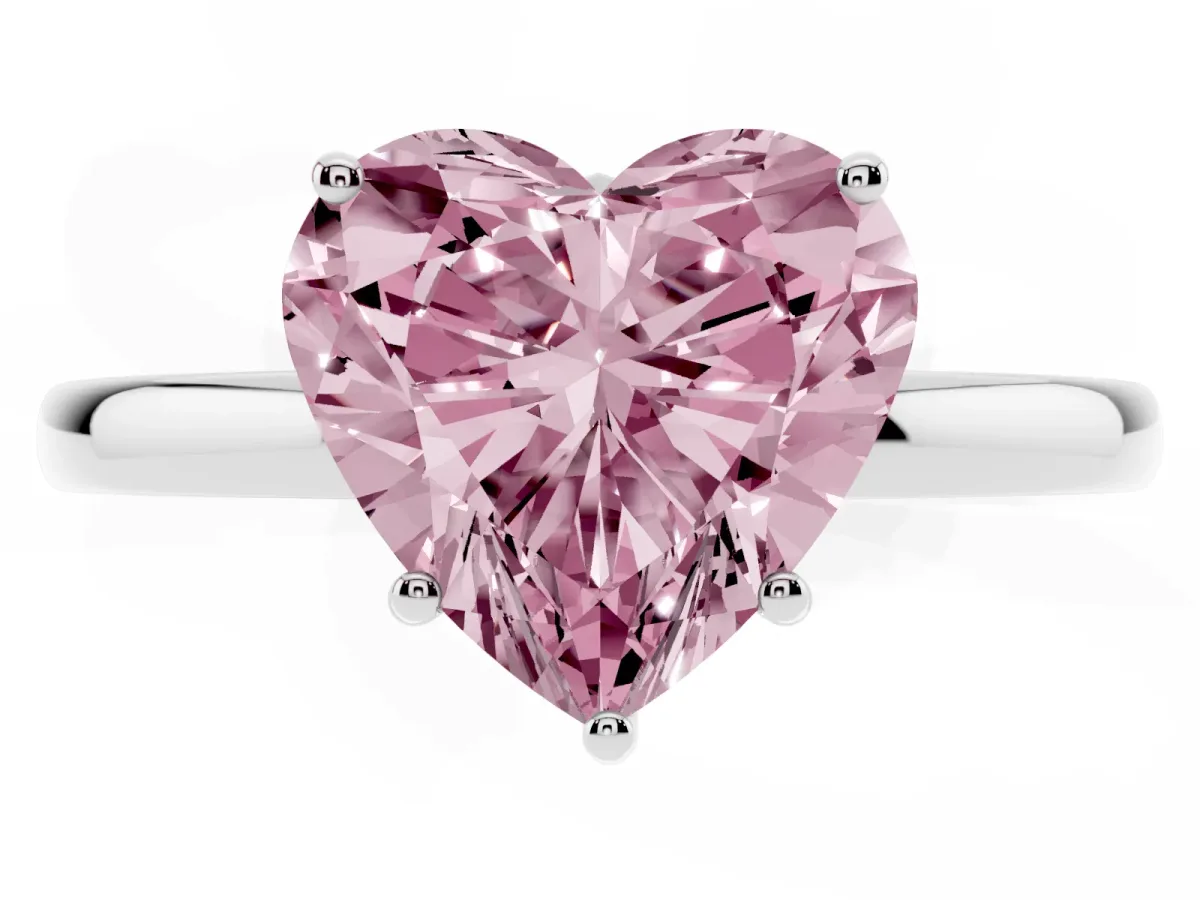 Fancy Pink Heart Cut Solitaire Diamond Ring with Prong Setting and Plain Band Platinum