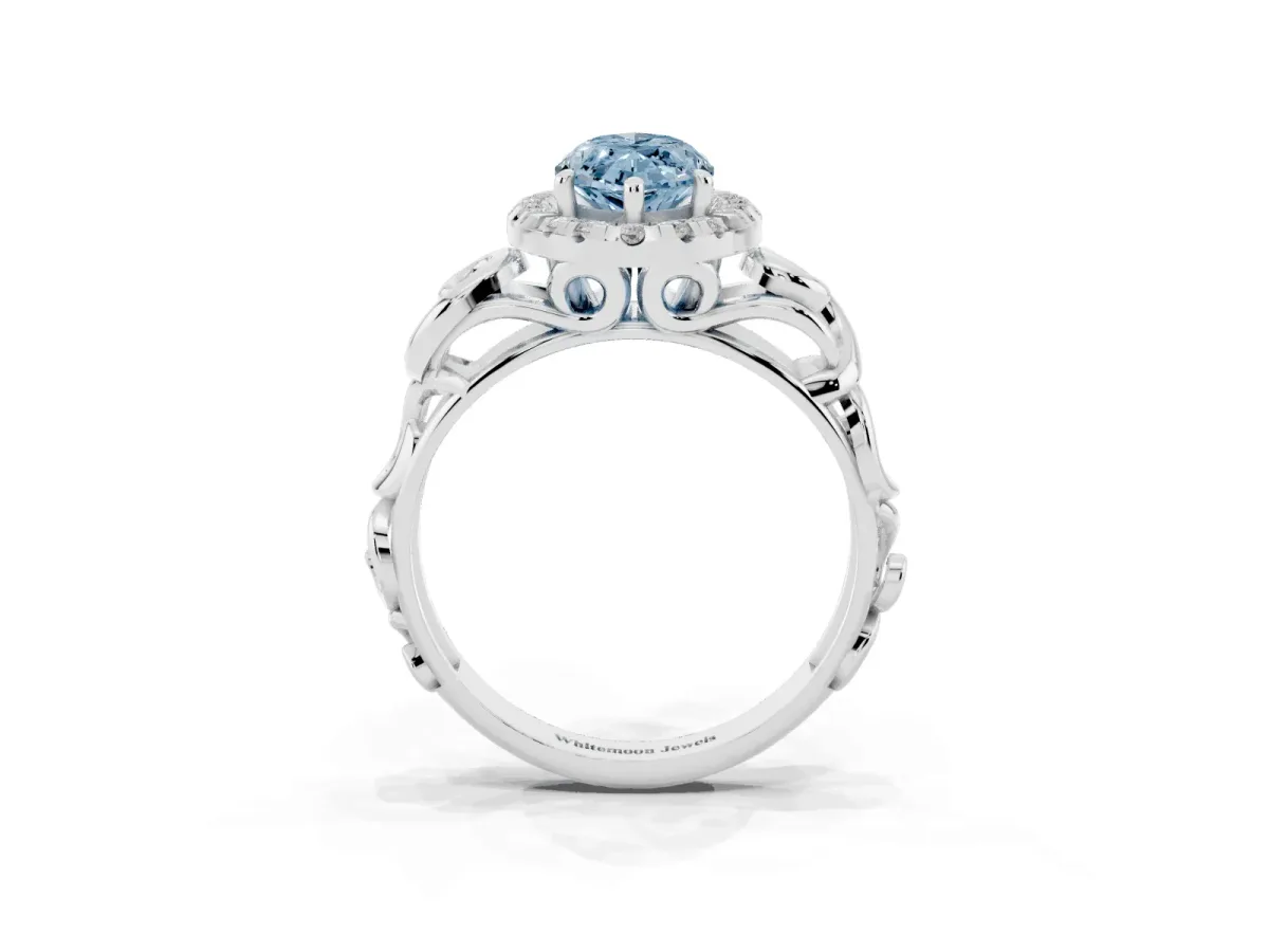 Fancy Blue Marquise Cut Cut Halo Diamond Ring with Scrollwork Band and Four-Prong Setting Silver