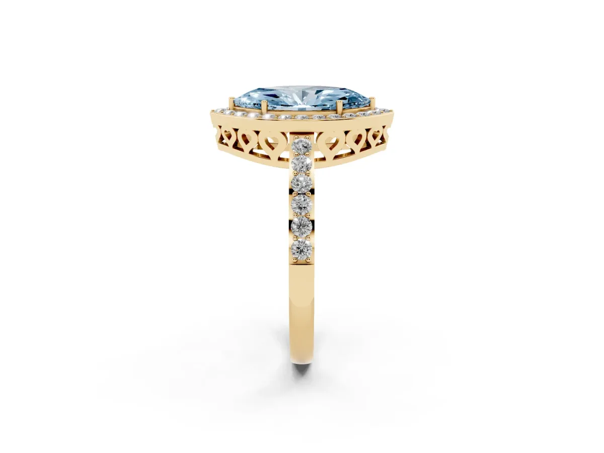 Fancy Blue Marquise Cut Halo Diamond Pavé Band Ring with Prong Setting Yellow gold
