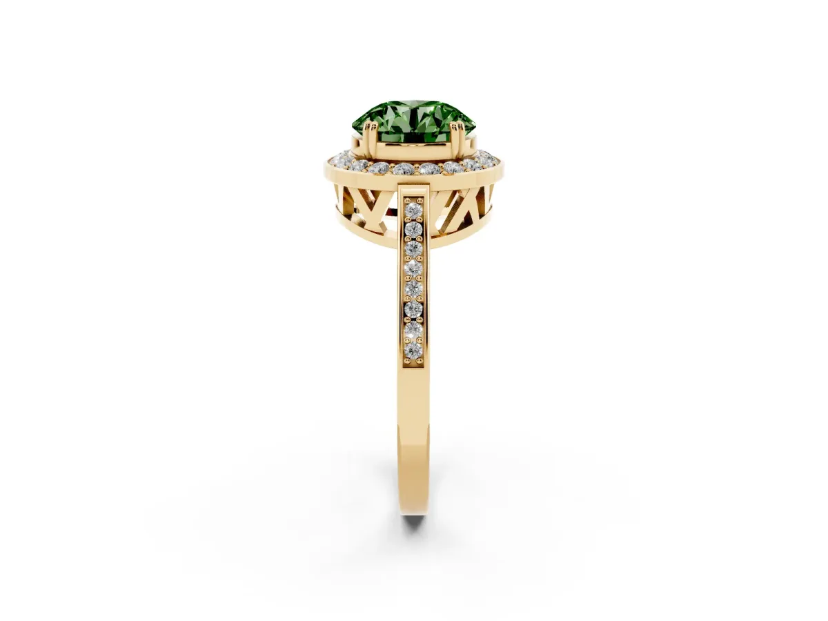 Fancy Green Round Cut Diamond Halo Ring with Split Shank and Four-Prong Setting Yellow gold
