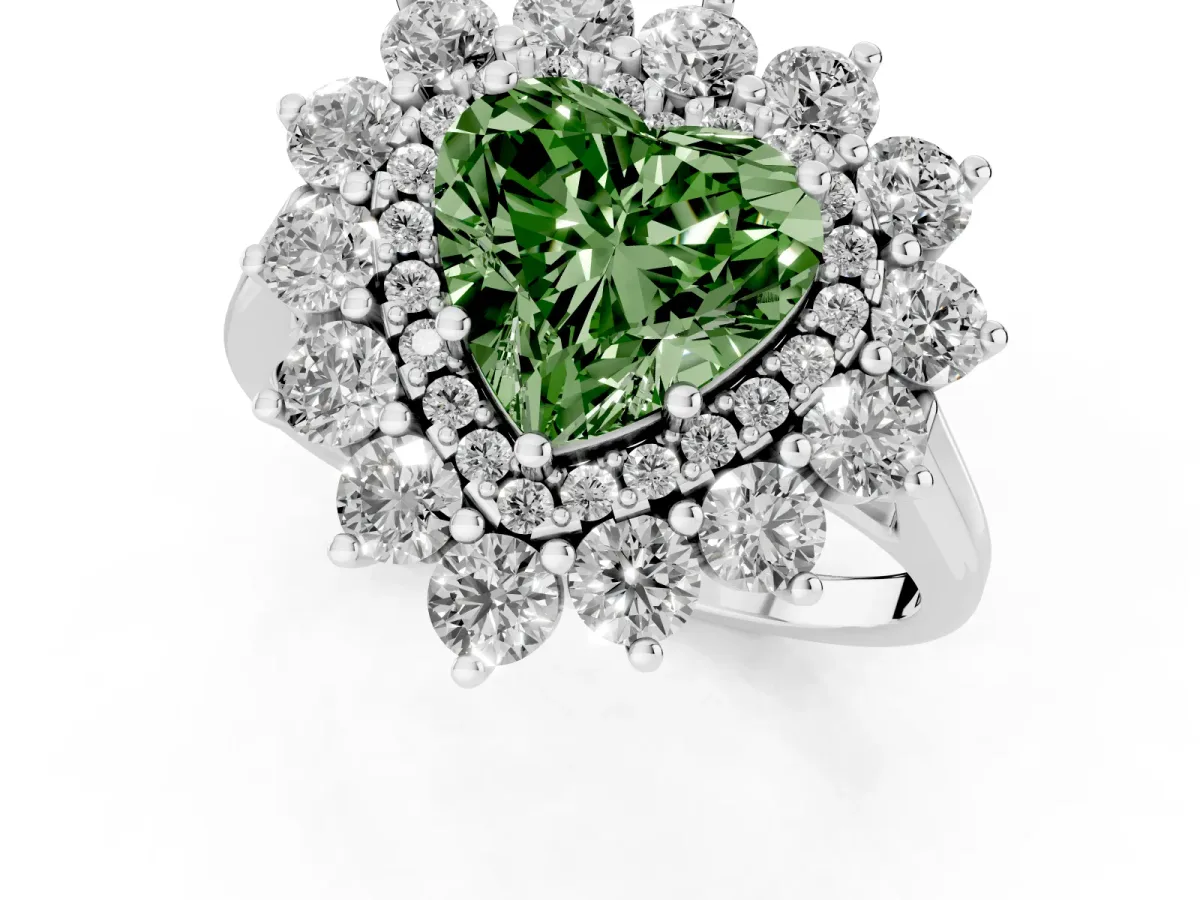 Fancy Green Heart Cut Diamond Floral Double Halo Engagement Ring with Prong Setting Platinum
