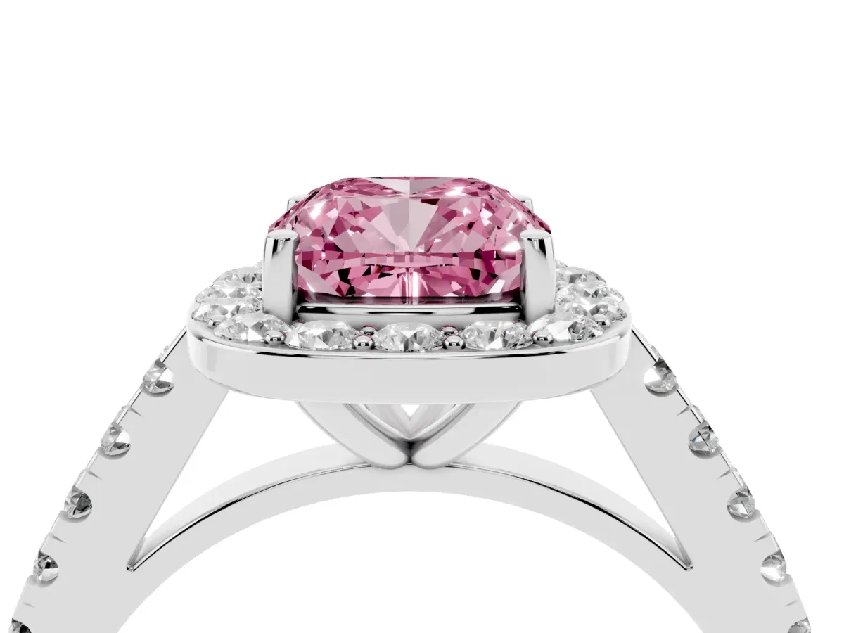 Fancy Pink Cushion Cut Diamond Halo Ring with Round Pavé Split Shank and Prong Setting Silver