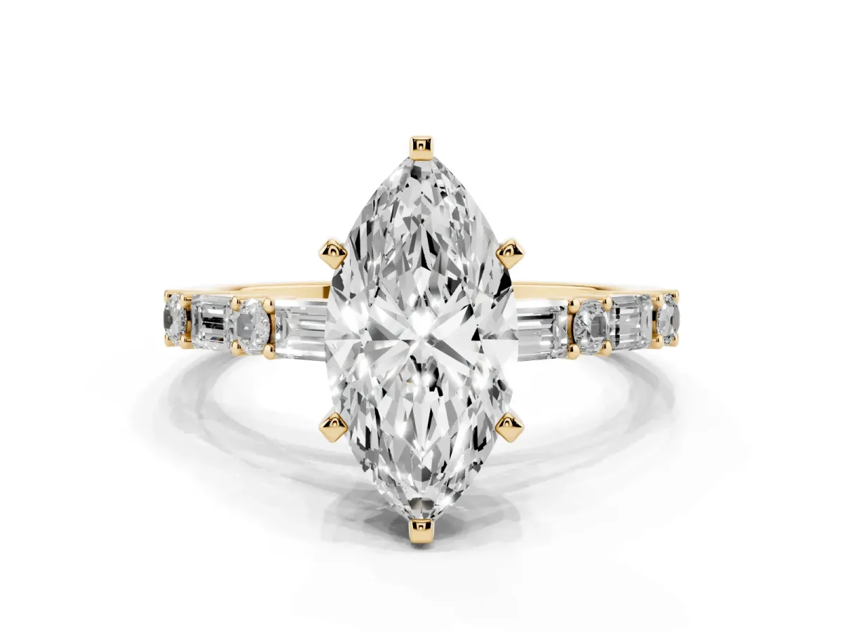 Marquise Cut Diamond Solitaire with Side Baguettes and Channel Set Band Yellow gold