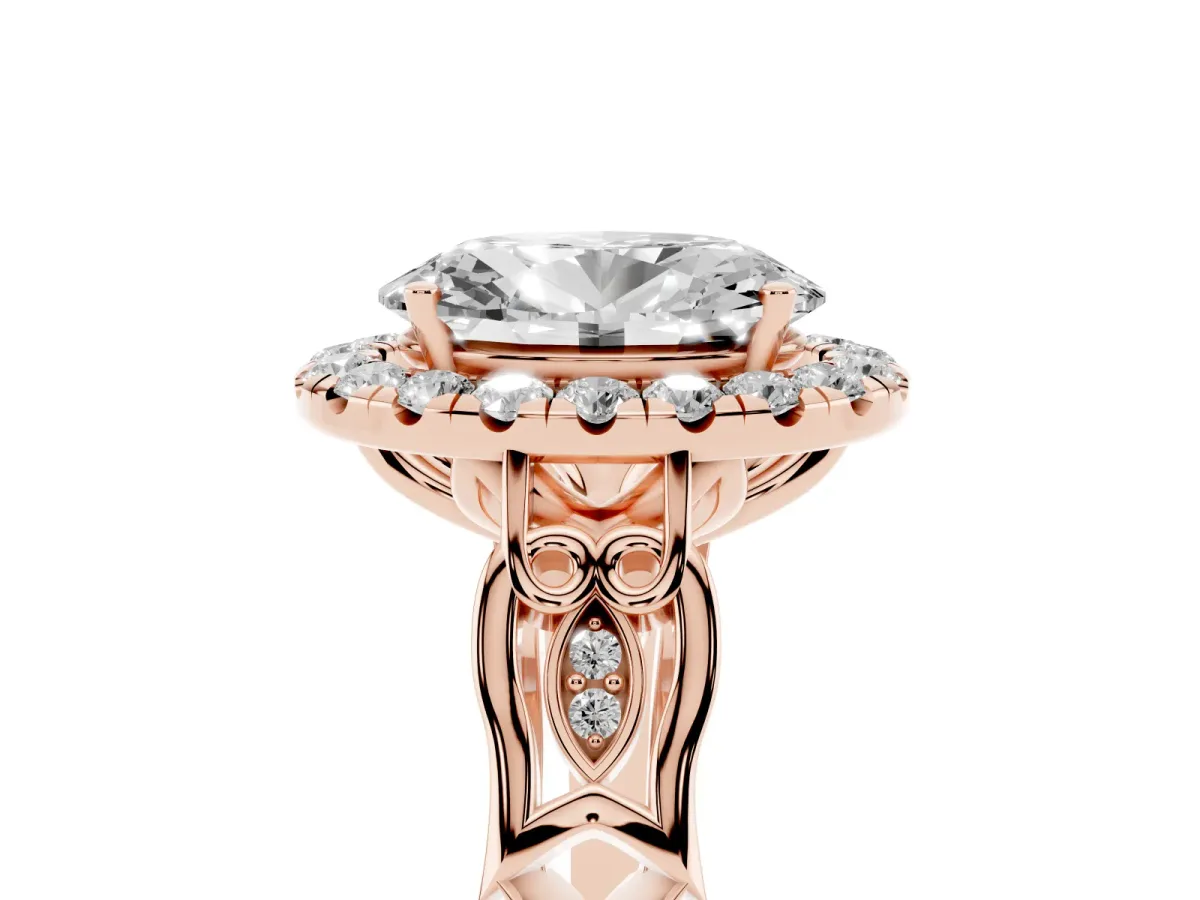 Oval Cut Halo Diamond Engagement Ring with Filigree Band and Four-Prong Setting Rose gold