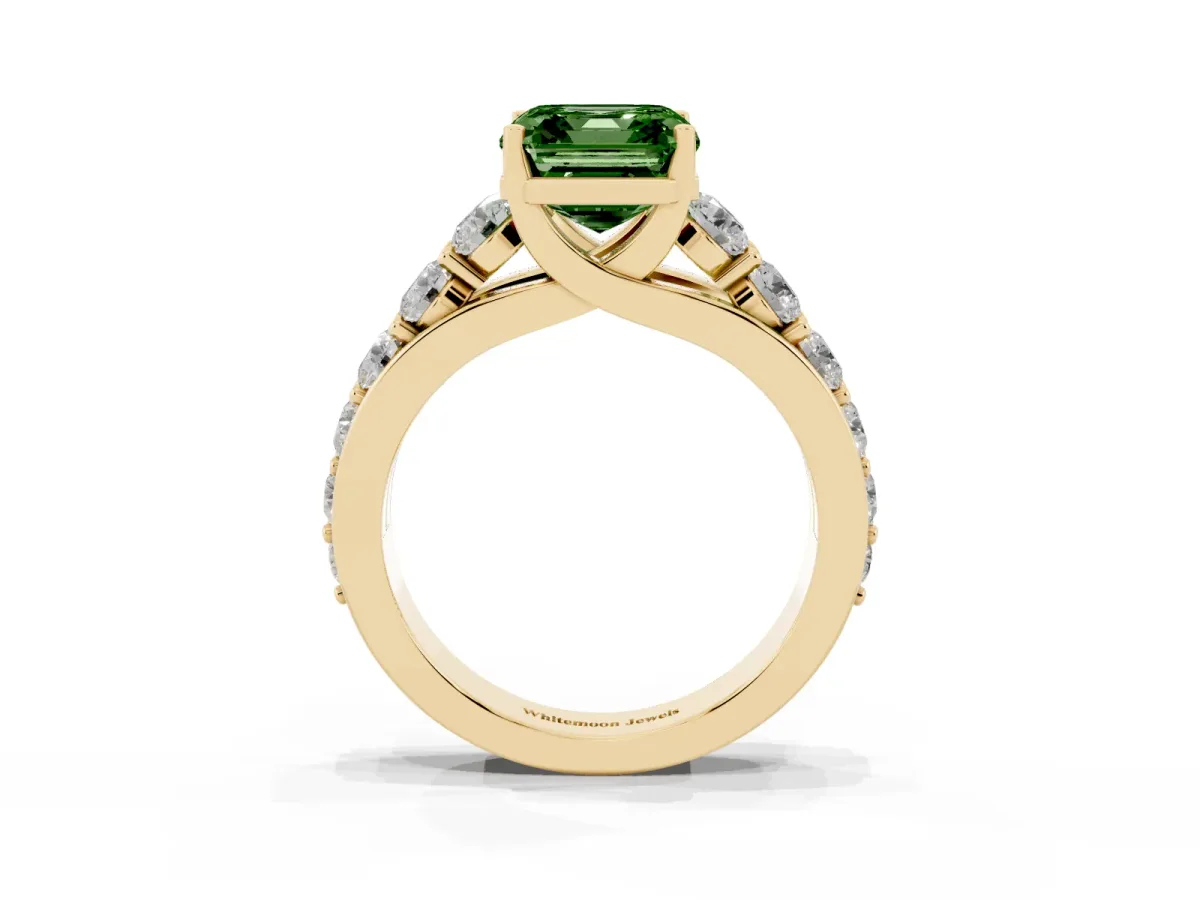 Fancy Green Asscher Cut Diamond Engagement Ring with Pavé Band and Four-Prong Setting Yellow gold