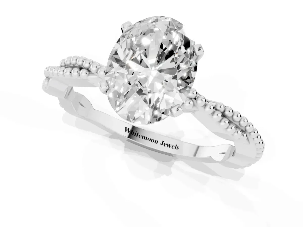 Oval Cut Solitaire Twisted Band with Bead Prong Setting Silver