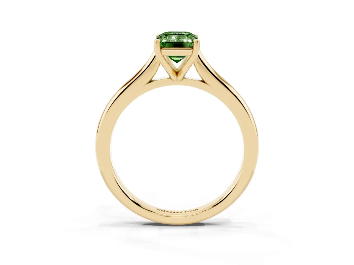 Fancy Green Emerald Cut Cut Solitaire Ring with Cathedral Band and Four-Prong Setting Yellow gold