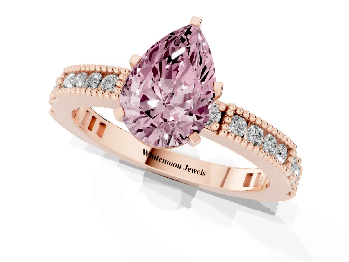 Fancy Pink Pear Cut Solitaire with Pavé Band and Four-Prong Setting Rose gold