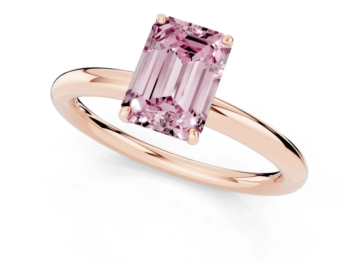 Fancy Pink Emerald Cut Solitaire Diamond Ring with Four-Prong Setting on a Plain Band Rose gold