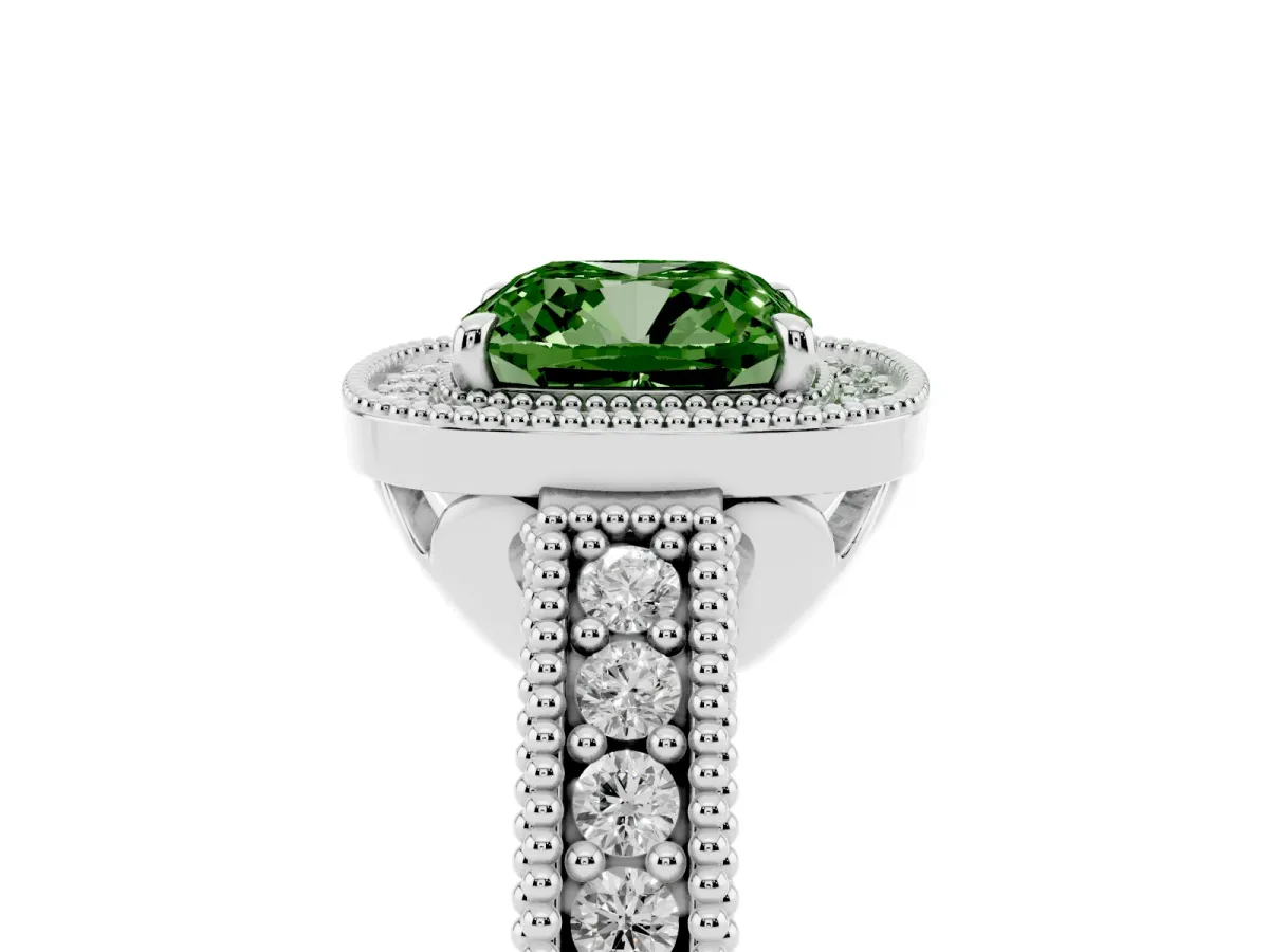 Fancy Green Cushion Cut Cut Halo Diamond Ring with Pavé Band and Four-Prong Setting Silver