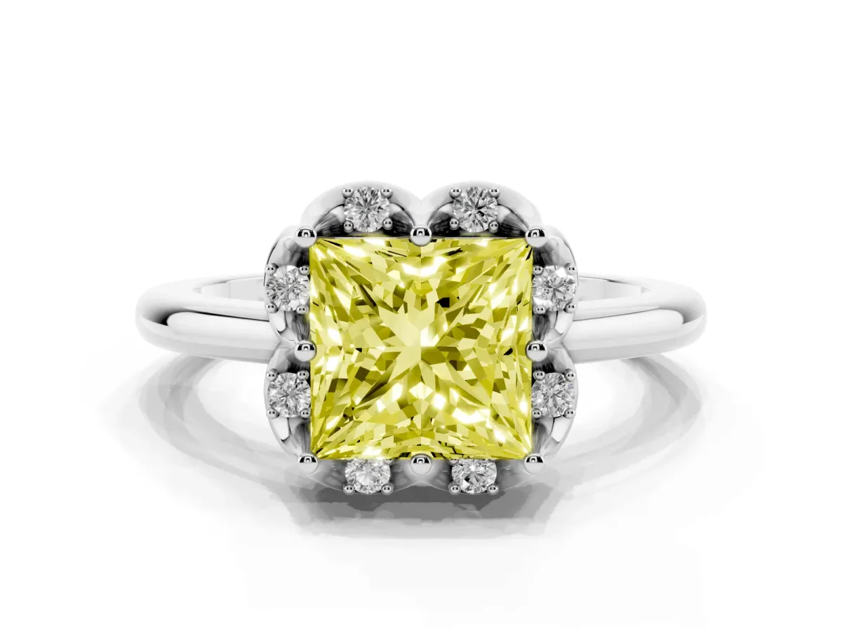 Fancy Yellow Princess Cut Halo Diamond Ring with Round Cluster Setting, Solitaire Band, and Four-Prong Setting Silver