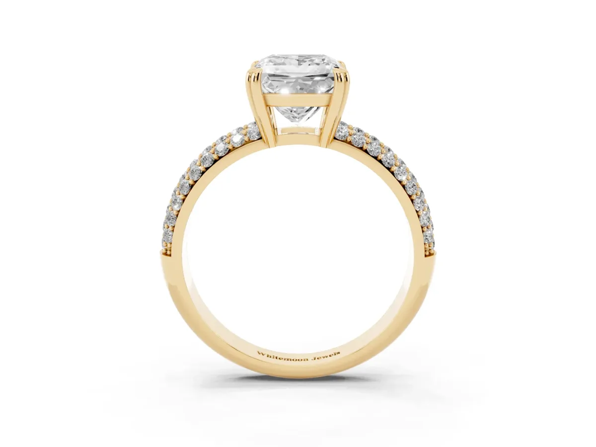 Princess Cut Diamond Solitaire Ring with Multi-Row Round Pavé Band and Prong Setting Yellow gold